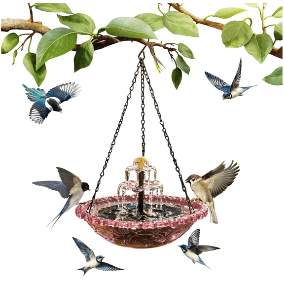 2026 New Solar Cascade Hanging Bird Bath Fountain,Outdoor Hanging Bird Bath with Solars Pump & Glass Bowl,Attracting Wild Birds for Outdoor Garden Backyard Patio Lawn Pink