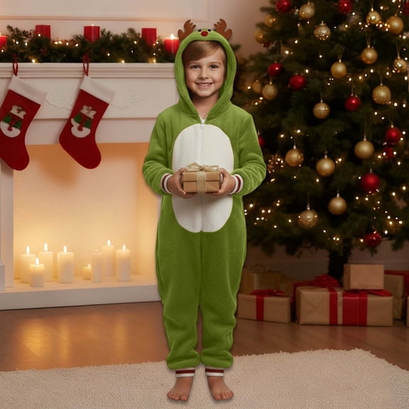 HUAXUN-Children's style-Christmas Family Matching Pajamas Set for Family Matching Dad Mom And Kids Festive Lined Warm Pjs Sets Cozy Santa Reindeer Holiday Sleepwear Outfits(Green,Green)