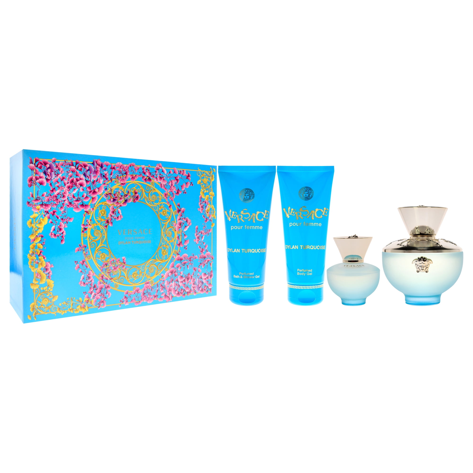 Versace Dylan Turquoise , 4 Pc Gift Set 3.4oz EDT Spray, 3.4oz Perfumed  Body Gel, 3.4oz Bath and Shower Gel, 5ml EDT Rollerball Mini 