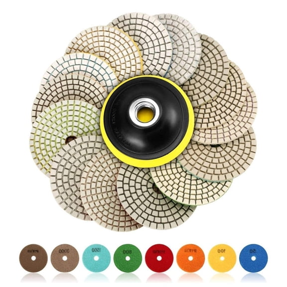 SPTA 15pcs Diamond Wet Polishing Pads Set, 4 inch pads for Granite Stone Concrete Marble Floor Grinder or Polisher, 50#-6000# with Hook & Loop Backing Holder Disc