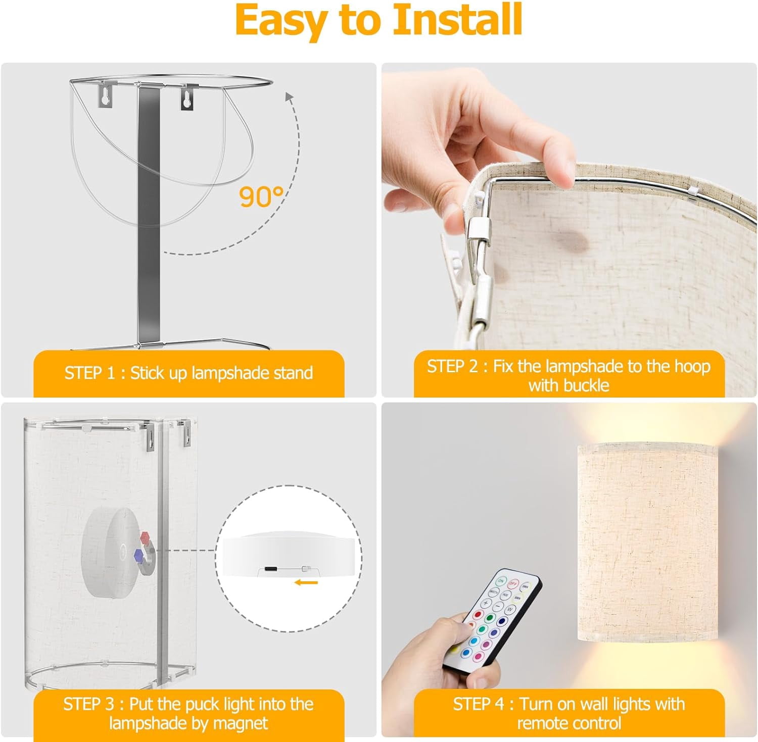 Aiboo Cordless Wall Sconces Set of 2, Dimmable Bedside Lamps with Remote, Timer Function for Bedroom & Living Room
