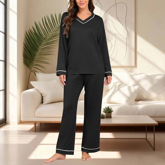 Women Fashionable Casual Loose Solid Color V Neck Long Sleeved Pants Pajama Set Top Pants Set