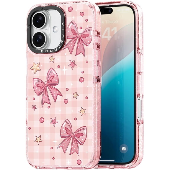 for iPhone 16 Case, Cute Design for Women & Girls, Protective & Aesthetic, Checkered & Bows