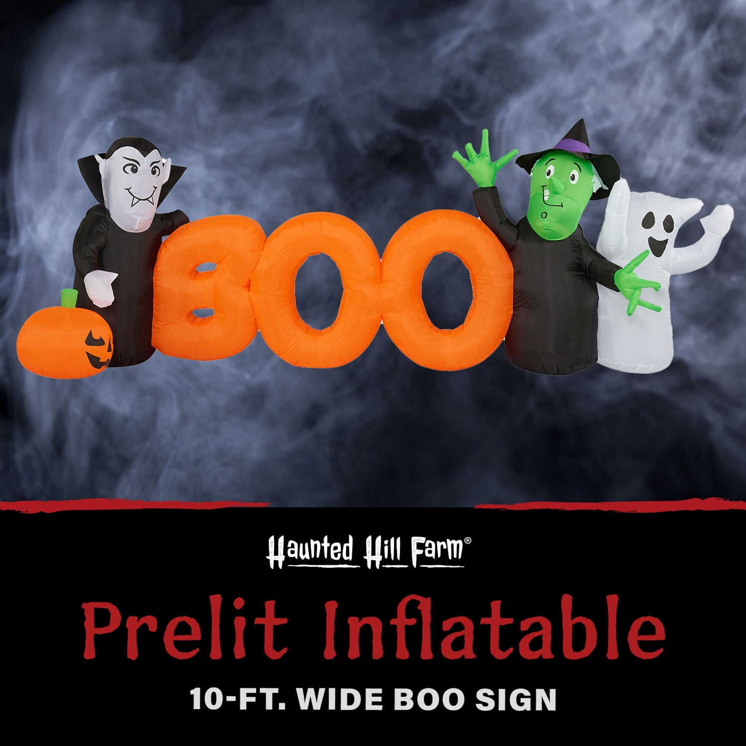 Haunted Hill Farm 10 ft Wide BOO Sign with Lights Halloween Blow Up Inflatable, HIBOOSGN101-L