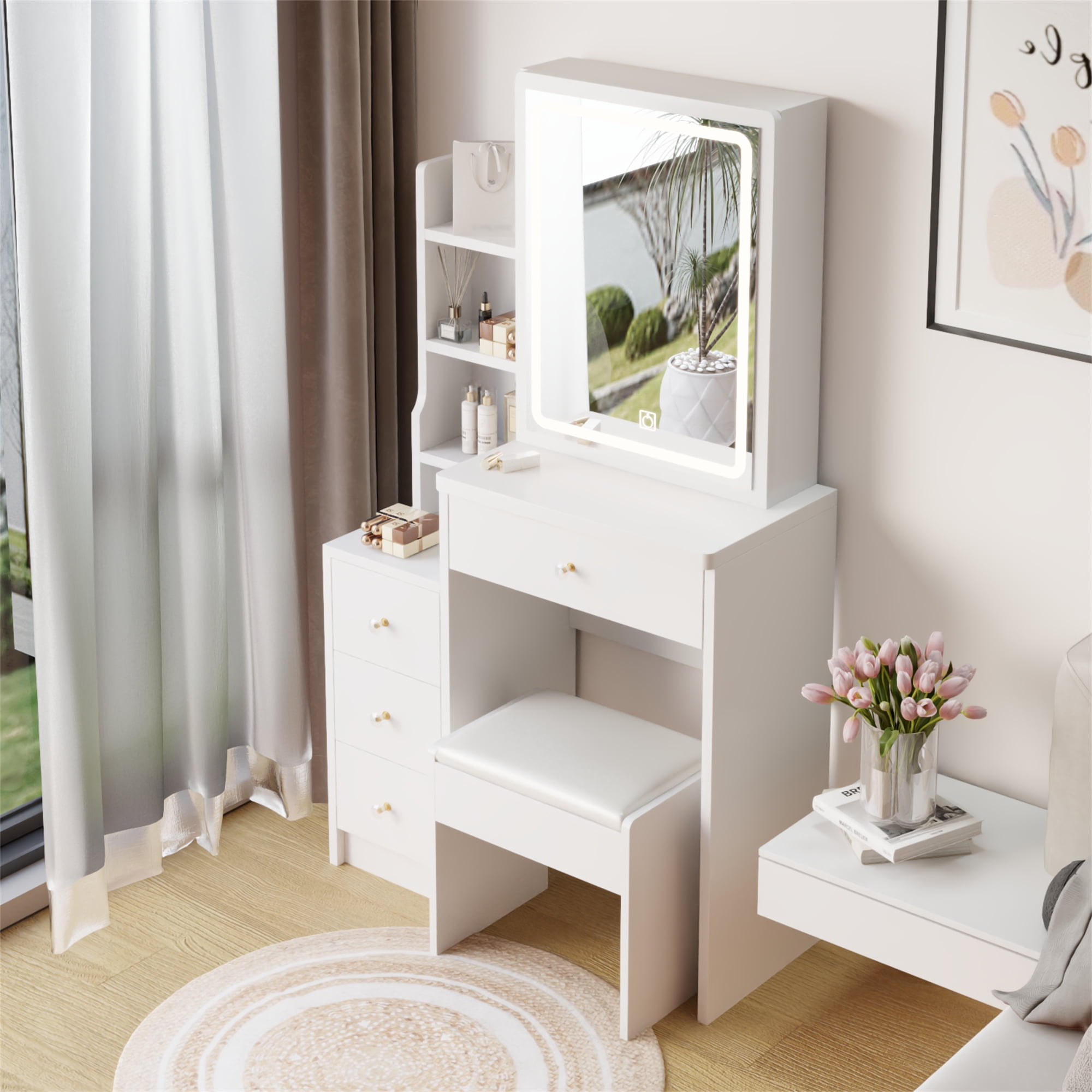 Vastcury Vanity Desk Set with Large Touch Control Sliding LED Mirror, Tri-Color Switching, Brightness Adjustable, Small Size Makeup Table for Girls, White