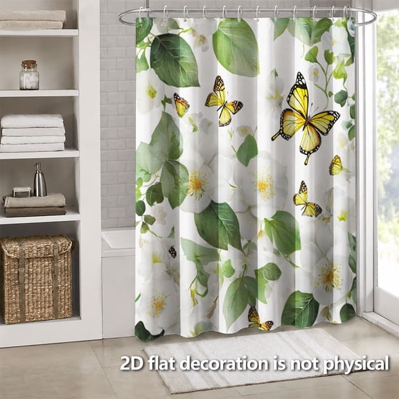 Hoease White Camellia Yellow Butterfly Watercolor Shower Curtain, 71W x 71L Inch Waterproof Fabric Bathroom Curtain with 12 Hooks, Floral Botanical Bath Decor