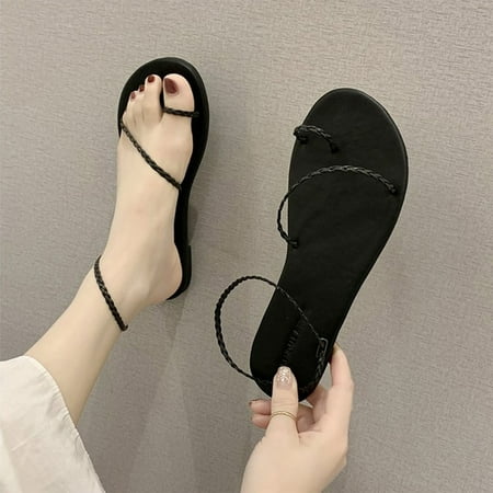 

uikmnh Women Shoes Fashion Summer Women Sandals Thin Braided Strap Thongs Flat Casual Beach Black 7.5