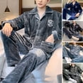 thumbnail image 2 of comerut 2 Pcs/Set Men Winter Pajamas Set Lapel Thick Buttons Single-breasted Loose Elastic Waist Warm Soft Pockets Wide Leg Solid Color Men Homewear Top Pants Set, 2 of 8
