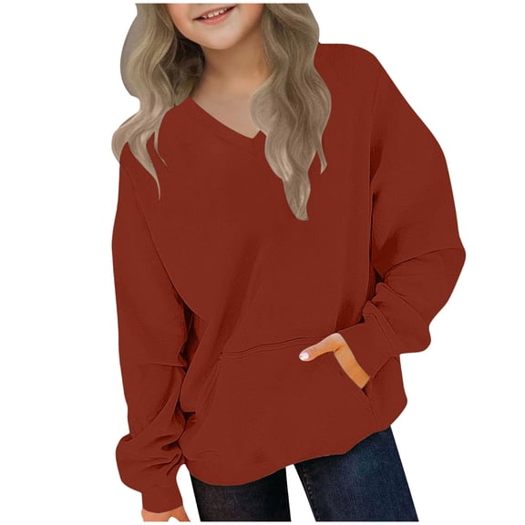 Drop Shoulder Hoodies for Boy Boys Girls V-Neck Sweatshirt with Pocket, Kids Long Sleeve Thin Fleece Pullover Tops for Sports Casual Cute Shirts Red 4Y