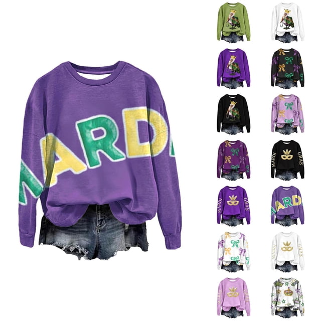 Mardi Gras 2026 Chandails en Molleton pour Femmes Tendance Manches Longues Col Rond Décontracté Carnaval Graphique Chandail en Molleton Pulls pour Femmes