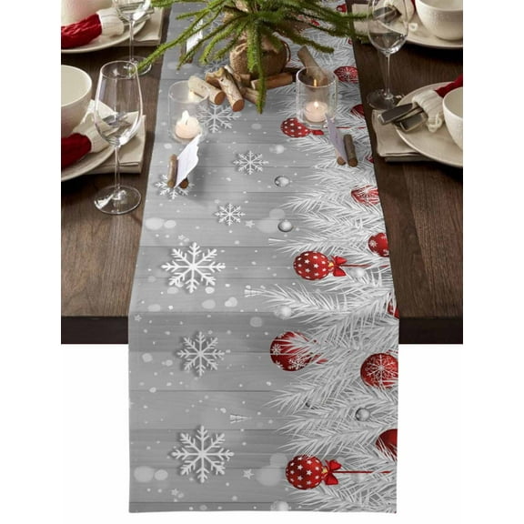 Christmas Table Runner Christmas Balls Snowflake Table Runners Grey Pine Needles Wood Cotton Linen Dresser Scarf Kitchen Dining Table Decor for Christmas Holiday Party Decor 13x90 Inch