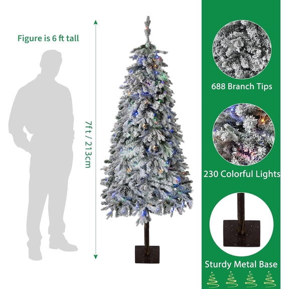Acekid Artificial Snow Flocked Christmas Tree Xmas Tree With 688 PE Branch Tips 230 Colorful Lights Metal Stand Appearance For Christmas Decor 7Ft