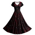 thumbnail image 4 of Luvior Women's Halloween Skeleton Maxi Dress V-Neck Short Sleeve Skull Rose Print Long A-Line Gothic Party Dress, Red, Size L, 4 of 5