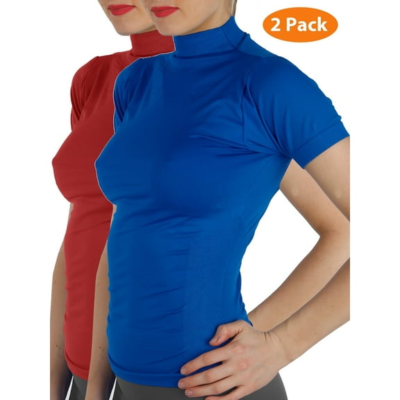 2 Pack Women Short Sleeves Mock Neck Turtleneck Shirts Stretchy Side Ribbed Slim Fit Tight Top