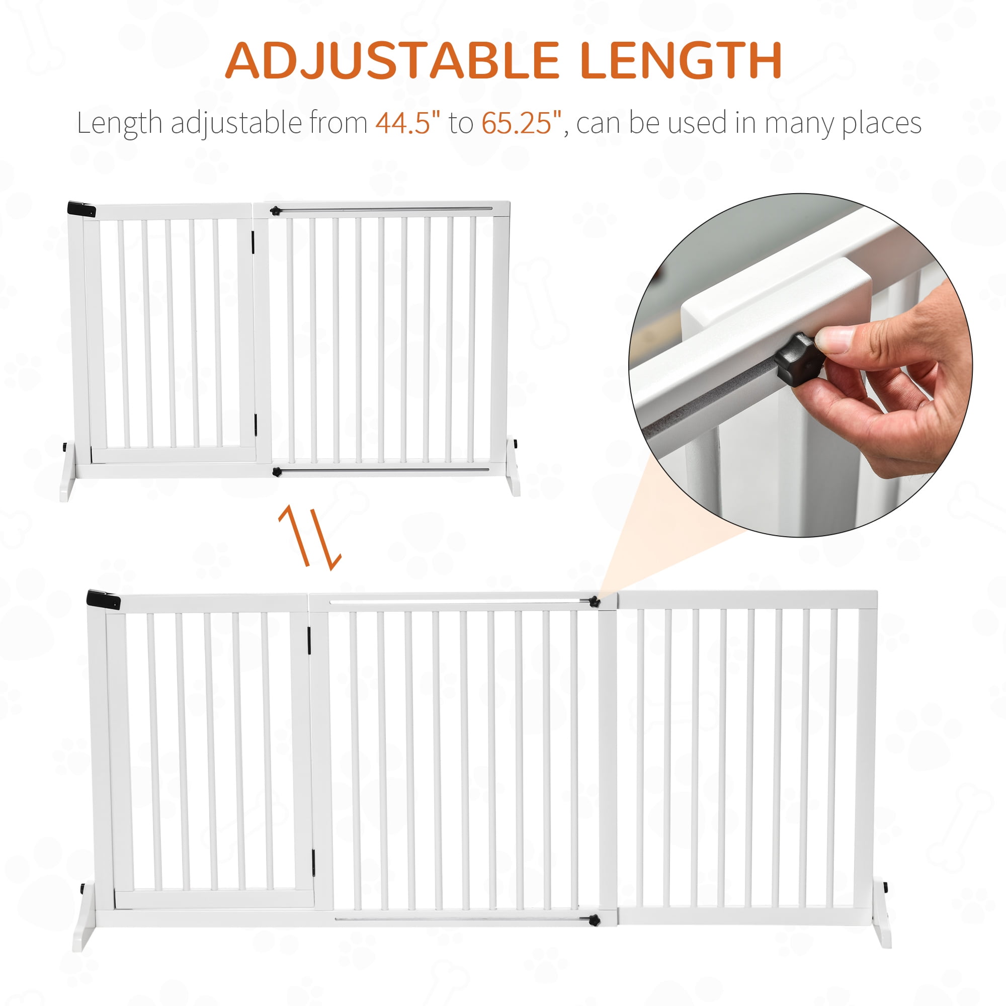 PawHut Wooden Freestanding Pet Gate Adjustable w/ Door Lock Safe Barrier White