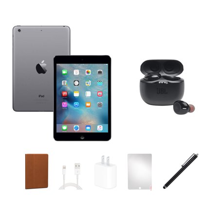Refurbished Apple iPad Mini 2 (2nd gen, 2013) 32GB, black, Wi-Fi only, JBL bundle. INCLUDES: iPad Mini 2, JBL Tune 125TWS Headphones, Case, Charging block, 30-Pin cable, Screen Protector, Stylus