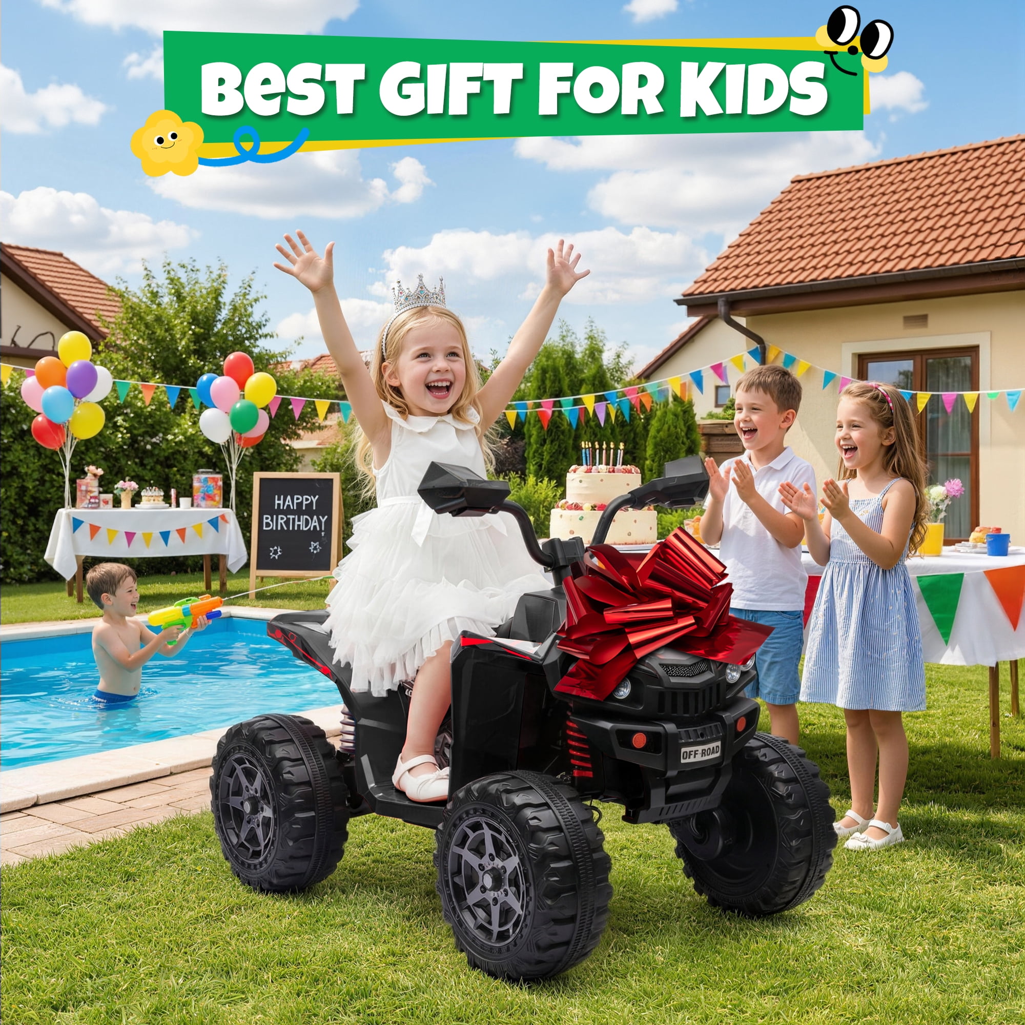24V Kids Ride On ATV for Ages 3-8, 4WD Electric Quad with 4 Motors, Bluetooth Music, LED Lights, Spring Suspension, 3-5 km/h, 110 lbs Capacity, Battery Powered Toy for Boys Girls, Black