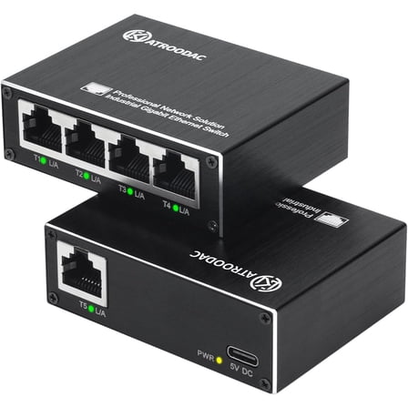 Mini Ethernet Switch 5 Ports Gigabit Enhanced Protection 10/100/1000 Mbps Unmanaged Network Switch Plug & Play Office Ethernet Splitter Fanless Silent Metal Case Network Hub Desktop Design
