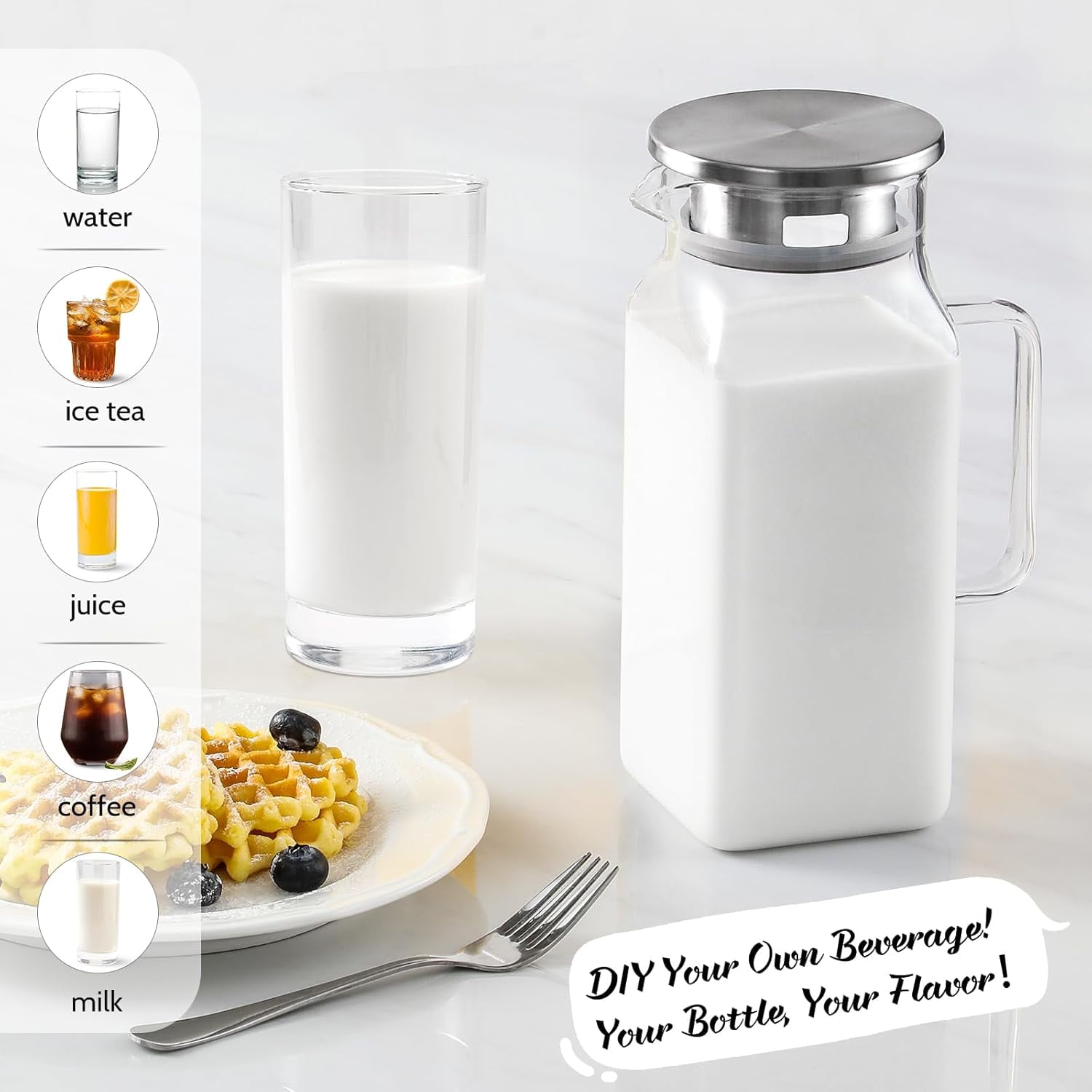 40 oz 1.2L Square Glass Pitcher with Lid and Spout, Handle Fridge Pitcher, Borosilicate Glass Carafe for Hot and Cold Drinks, Small Jug for Iced Tea, Coffee, Water Storage Container