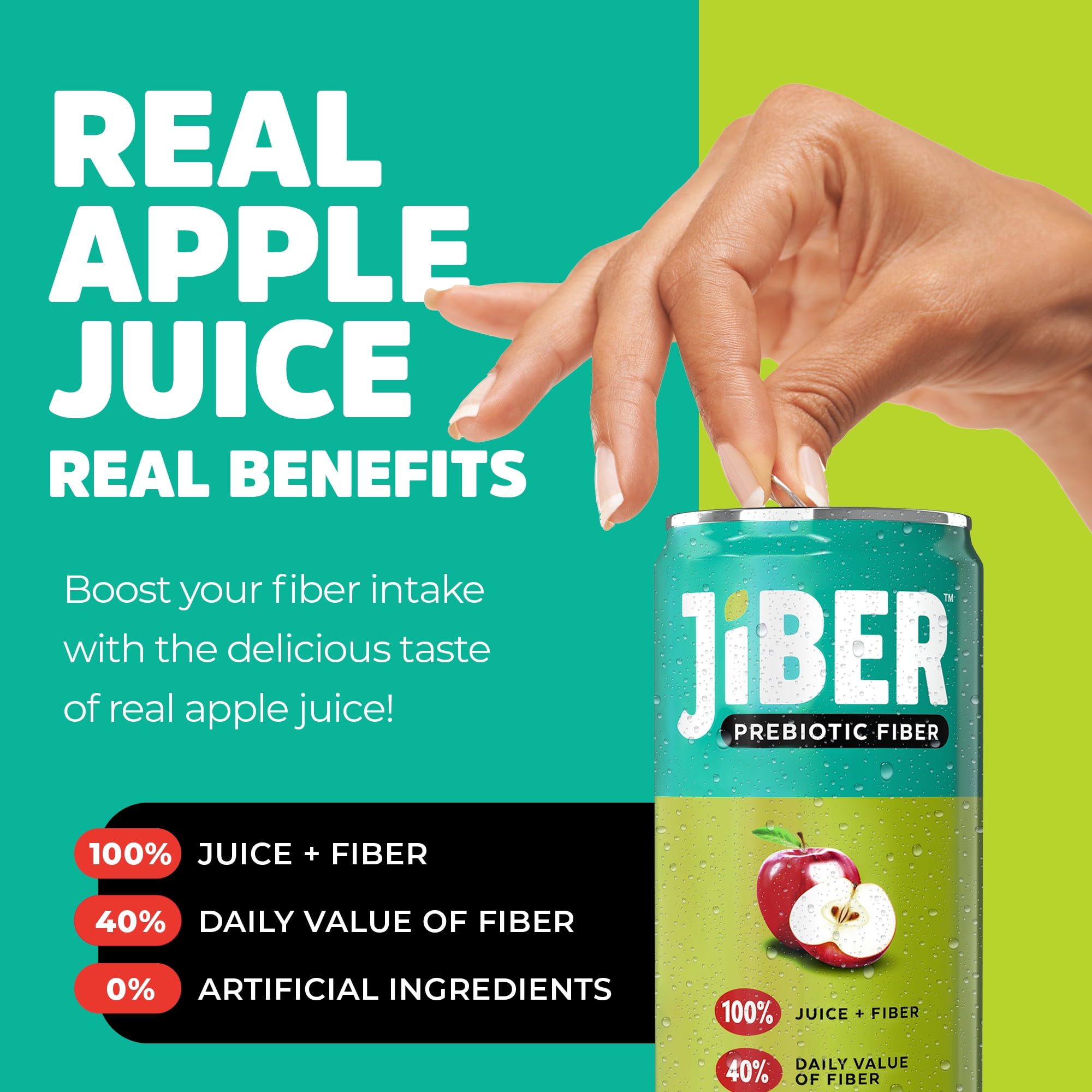 JIBER High Fiber Apple Juice Drink - No Sugar Added - 12 fl oz Apple Juice Cans with 40% Daily Fiber Supplement - Prebiotic Drink- Healthy Drinks for Kids - Juice for Teens, Adults & Seniors -12 pack