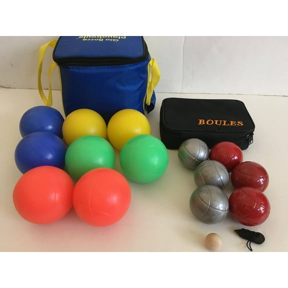 Glow in Dark Bocce Set and 73mm Metal Petanque/Boules 6 Ball Set with 3 Striped Grind Sand and 3 red Balls and Black Bag