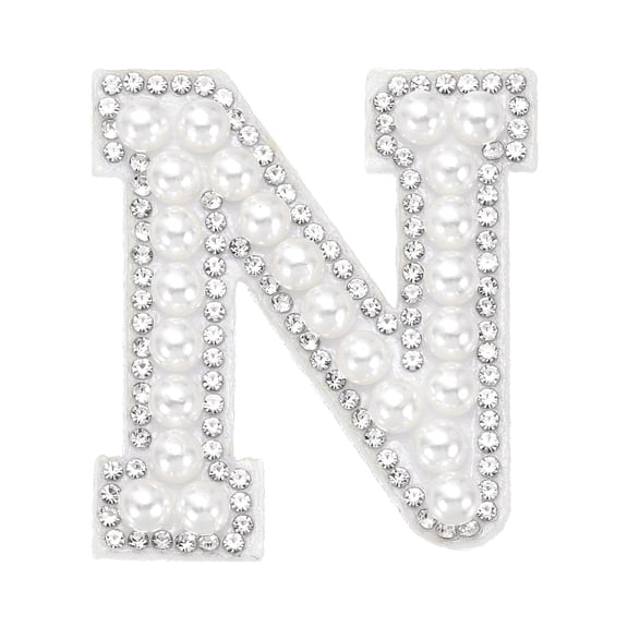 Uxcell Iron on Pearl Letter N Patches, Pearl Rhinestone A-Z Alphabet Self Adhesive Sew on Patches, Glitter Letter Applique for Clothes Fabric DIY Backpack, White
