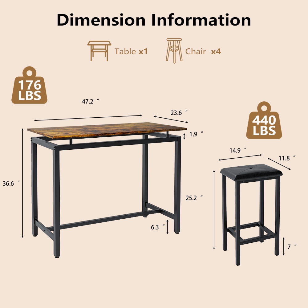 Counter Height Table Set of 5, Breakfast Bar Table and Stool Set, Minimalist Dining Table with Backless Stools, Wood Top Pub Table & Chair Set for Kitchen Apartment Bistro - Space Saving