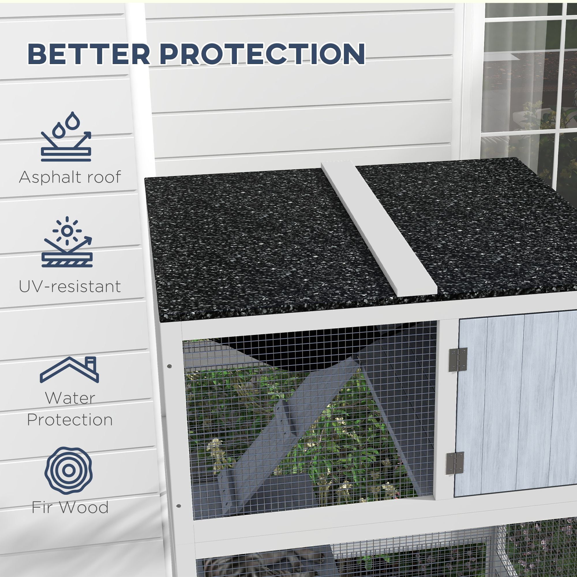 PawHut Outdoor Catio Enclosure, Multi-Level Fir Wood Cat Cage with Hammock, Ramps, and Nap Box, Mobile Wheels, Weather-Resistant Asphalt Roof, 33.75"L x 31.5"W x 66"H, Light Gray
