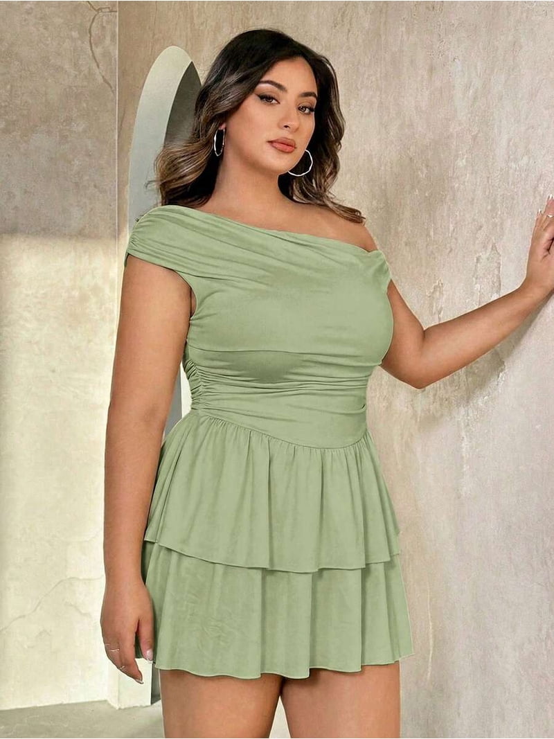birthday dress plus size women SHEIN MOD Solid Ruched Cami Pink Summer Dress,Birthday Dresses For 97% Polyester 3% Spandex Plus Size Women Off-Shoulder Short