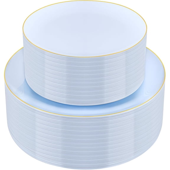 100 Pcs Light Blue Disposable Plastic Plates 50 Dinner 10.25 In and 50 Dessert 7.5 In