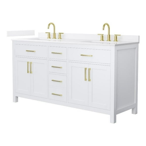 Beckett 66" White Double Vanity & White Quartz Top (3-Hole) & Gold Trim