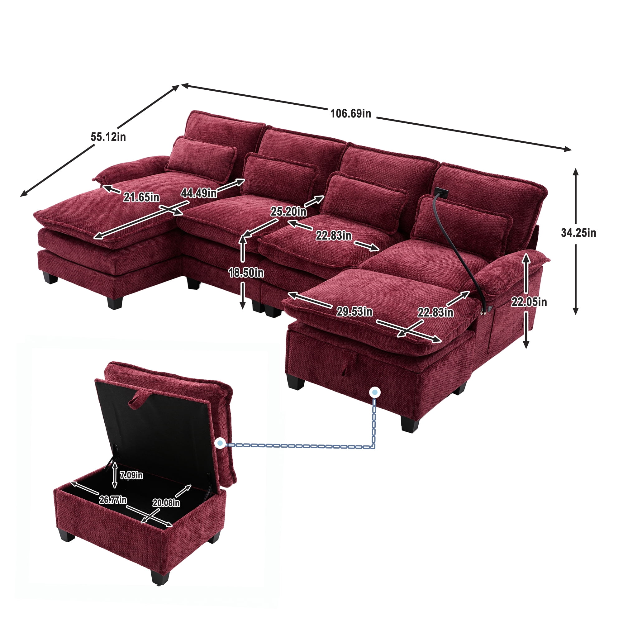 MOONMISS Chenille Upholstered Oversized U-shaped Comfy Modular Sectional Sofa with Storage Ottoman-Wine Red