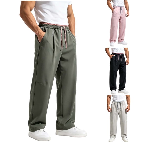 Aezemi Men Straight Leg Running Pants Fashion Outdoor Elastic Waist Drawstring Workout Long Trousers with Pockets Winter Fall Sports Exercise Trendy Comfy Casual Bottoms M