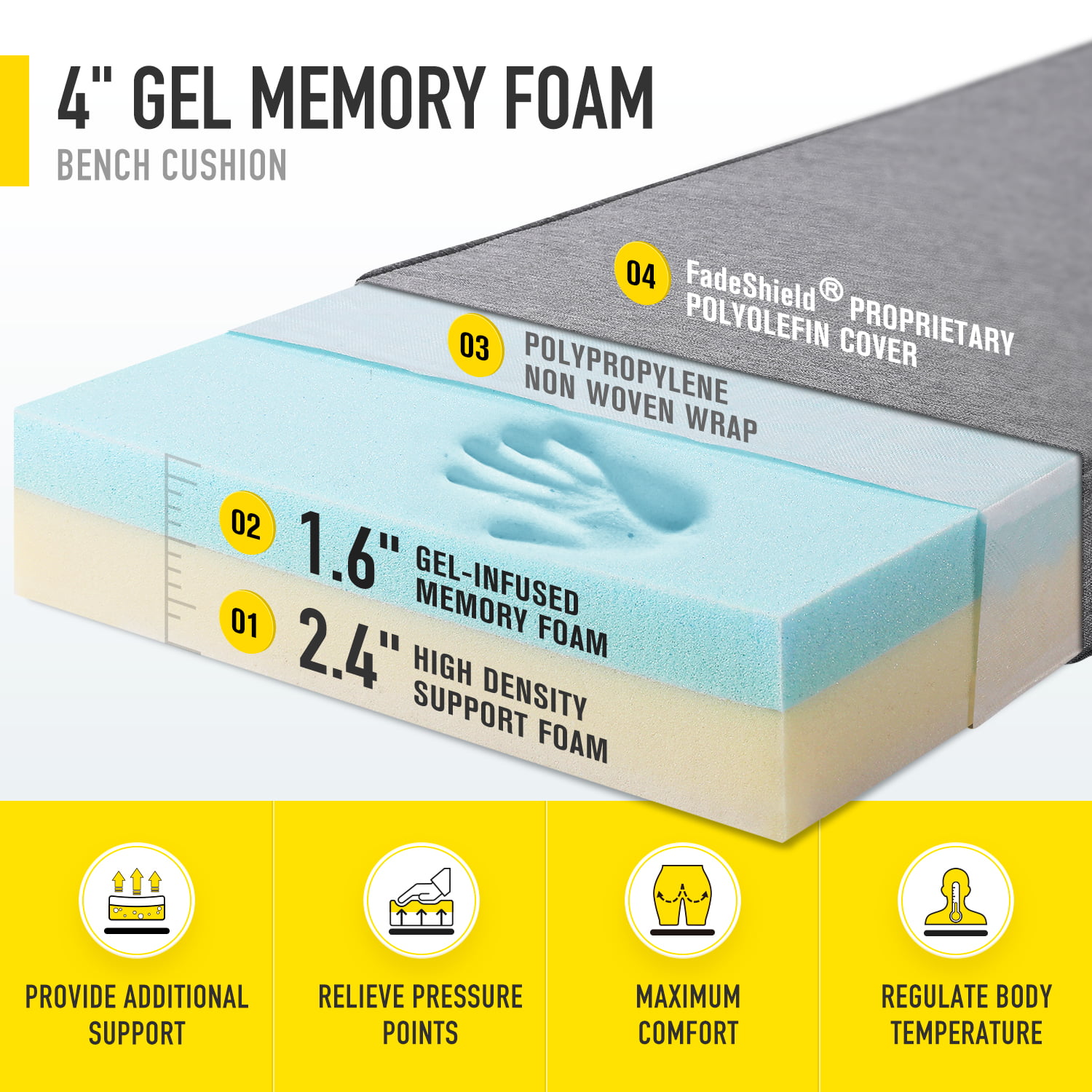 FoamTouch 6x24x24 Cool Gel Memory Foam Bench Cushion
