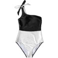 thumbnail image 3 of Women's One Piece Swimsuit Color Block One Shoulder Bowknot Bathing Suit, 3 of 5