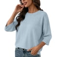 thumbnail image 2 of thefmos Women's Fall Winter 3/4 Sleeve Crewneck Knitted Pullover Tops Solid Loose Casual Basic Tops Cozy Fashion Clothes, Light Blue M, 2 of 7
