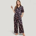thumbnail image 6 of Women's Satin Button-Up Pajama Set with Short Sleeve Notch Collar Top and Wide Leg Pants in Ribbon Print - Small, Black, 6 of 7