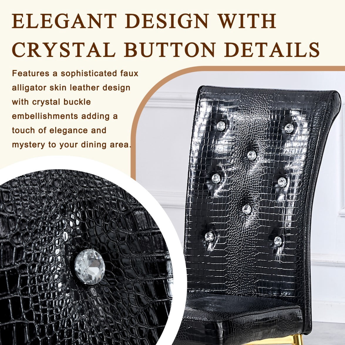 Set of 4 Retro Dining Chairs, Faux Alligator-Textured PVC Leather Upholstered Chairs with Crystal Button Details & Galvanized Metal Legs, 400 LBS, Black & Gold