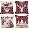 thumbnail image 1 of Juego de 4 fundas de almohada decorativas YONGSHENG lino y algodón rojo con copos de nieve, 1 of 5
