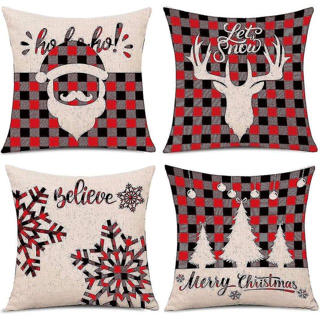 Juego de 4 fundas de almohada decorativas YONGSHENG lino y algodón rojo con copos de nieve