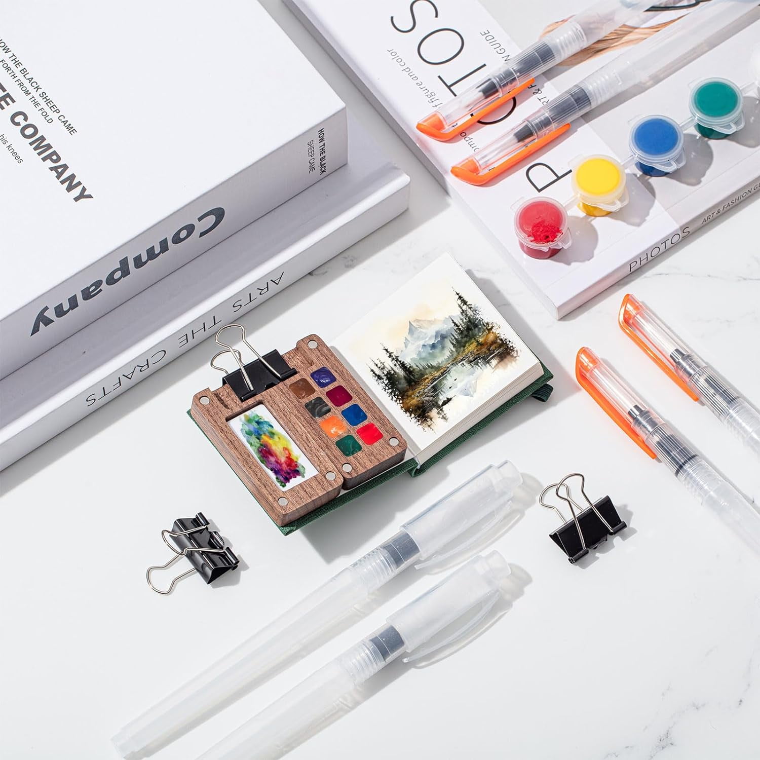 Mini Portable Watercolor Set Wooden Grid Paint Box Watercolor Paper Sketch Book Brush Pens with Binder Clip for Painters Artist Not Include Paint(Pine Green)