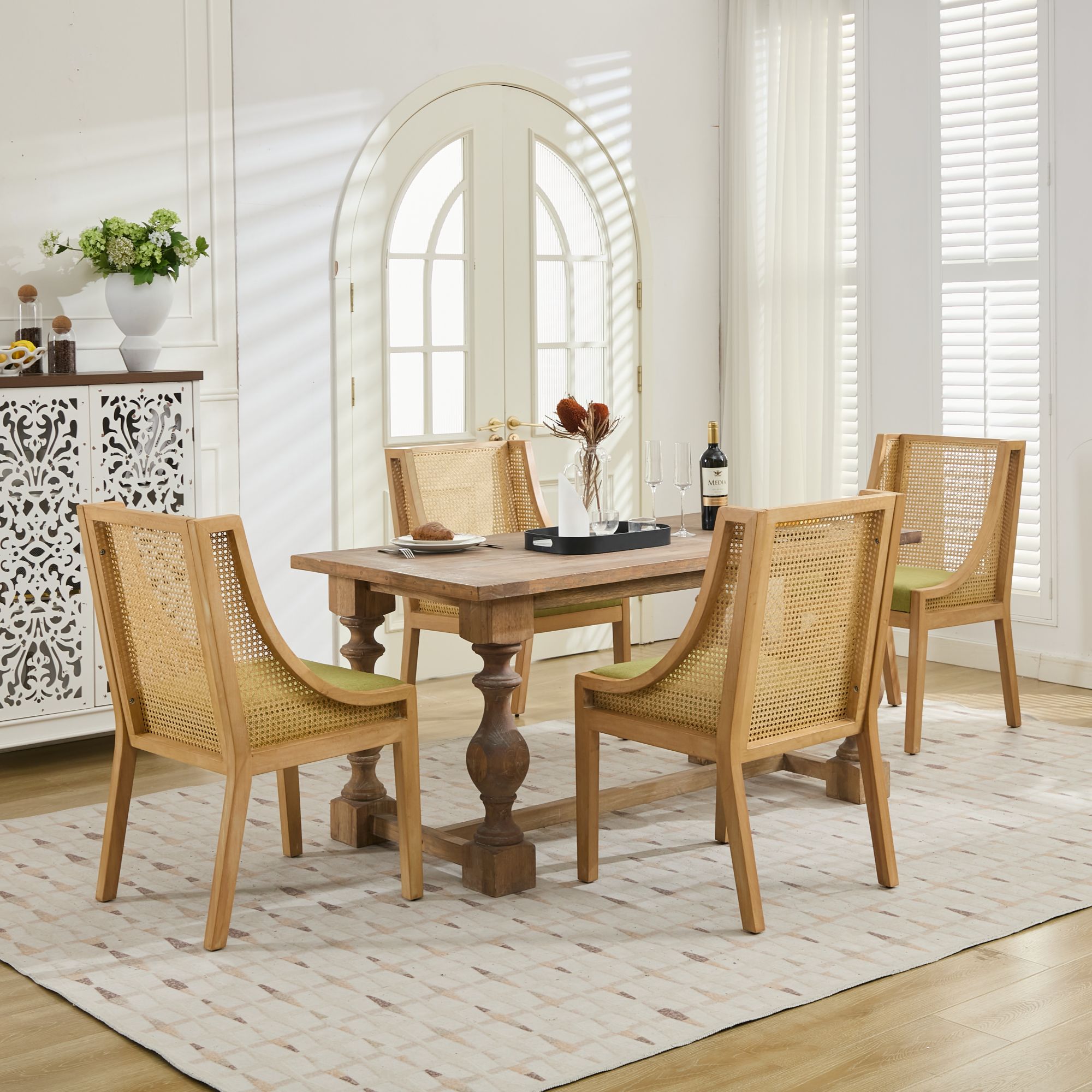 MAYEERTY Rattan Dining Chair - Solid Wood Frame, Decorative Armrests, Linen Seat, Rustic Style, Natural Finish, Olive Green, Single Pack