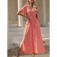 thumbnail image 5 of Orange Floral Print V-Neck Short Sleeve Maxi Dress For Women With Side Slit, 5 of 7