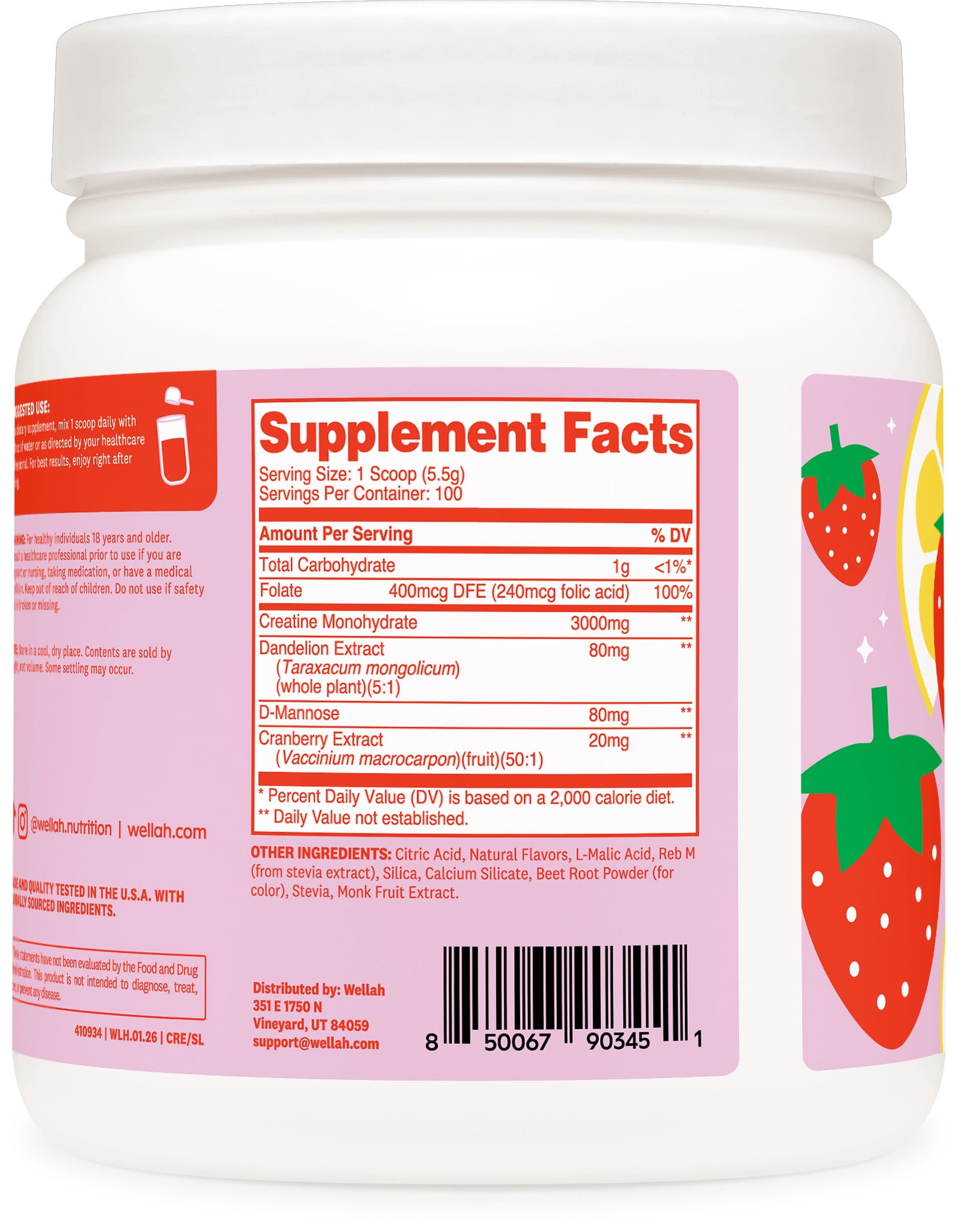 Wellah Creatine for Women (100 Servings, Strawberry Lemonade) - Creatine Monohydrate with Dandelion & Cranberry Extract