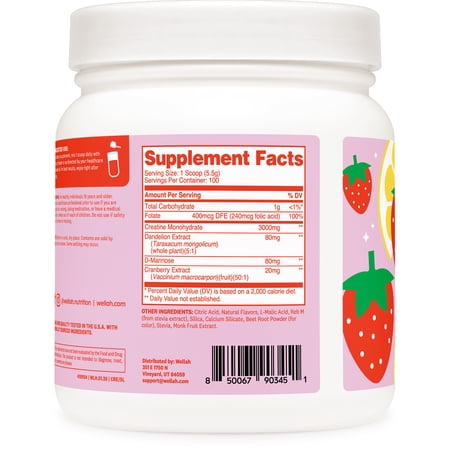 Wellah Creatine for Women (100 Servings, Strawberry Lemonade) - Creatine Monohydrate with Dandelion & Cranberry Extract