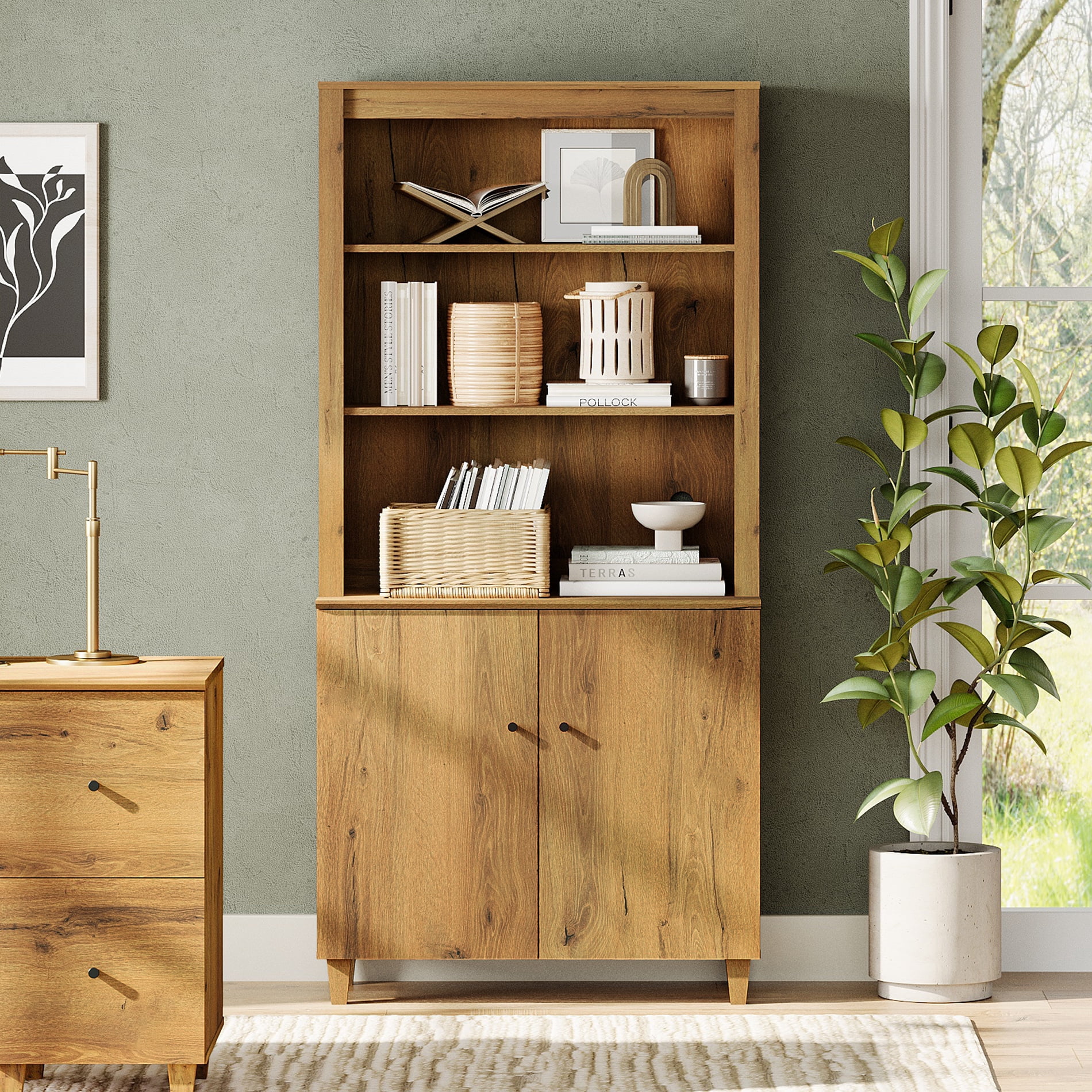 Modern 71" Tall Bookcase with Doors & Storage Cabinet for Home Office,Dark Brown Wood