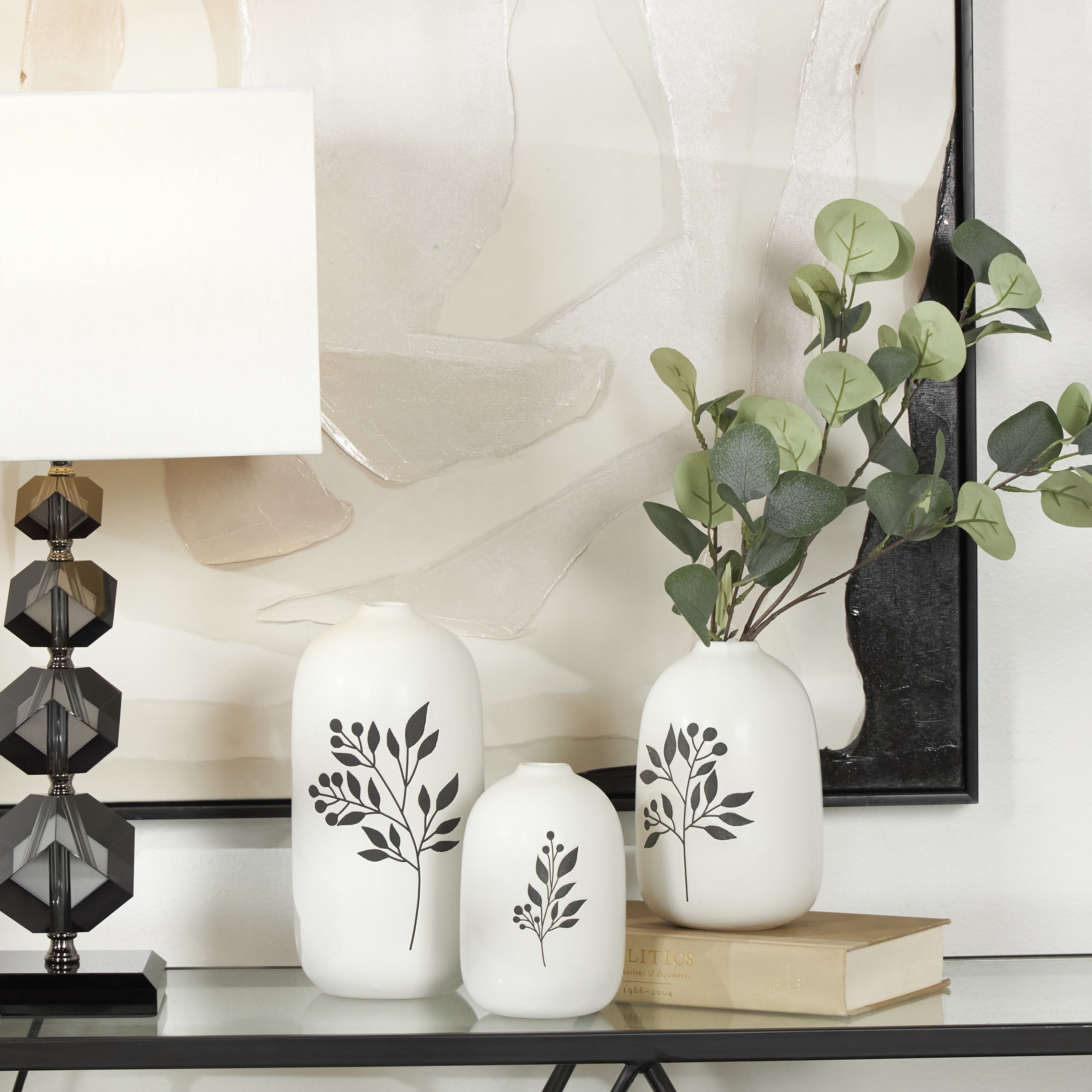 DecMode 10", 7", 6"H White Ceramic Vase with Black Leaf and Berry Prints, Set of 3