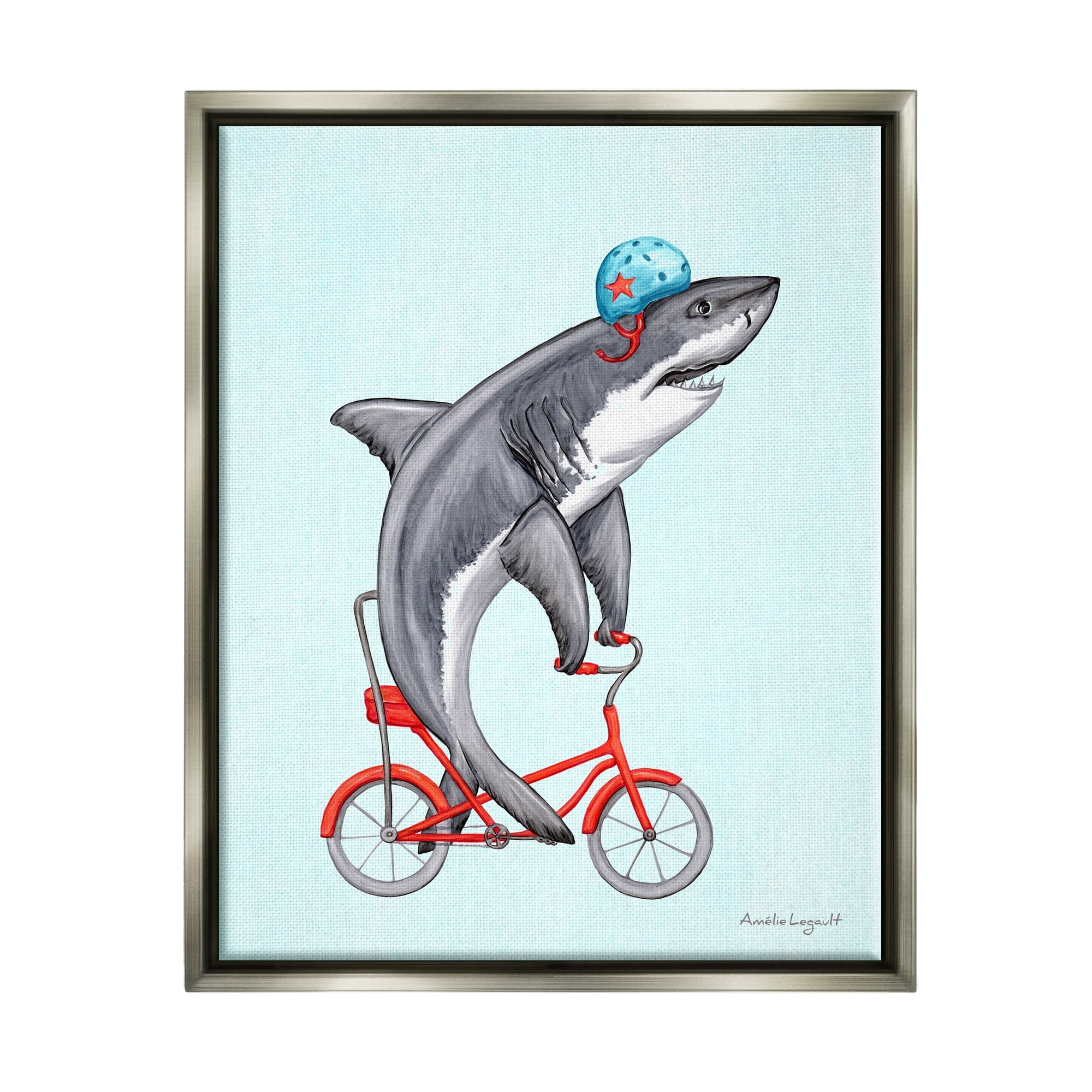 Stupell Industries Great White Shark On Red Bicycle Blue Helmet Graphic Art Luster Gray Floating Framed Canvas Print Wall Art, Design by Amelie Legault