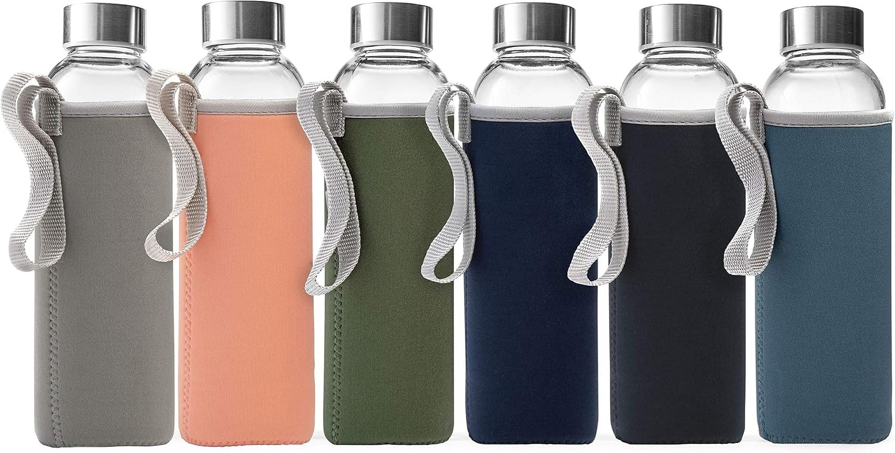 Epica Glass Water Bottle Reusable Glass Juice Bottles with Lids and Sleeves, 18 fl oz, 6-Pack