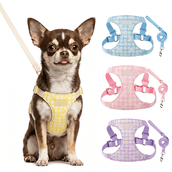 AOMRCOL Small Dog Harness and Leash Set No-Pull Adjustable Vest, Yellow Xxs | Step in No Pull Dog Harness with Adjustable No Choke Design, Breathable Soft Daisy Pattern Puppy Harness for Walking